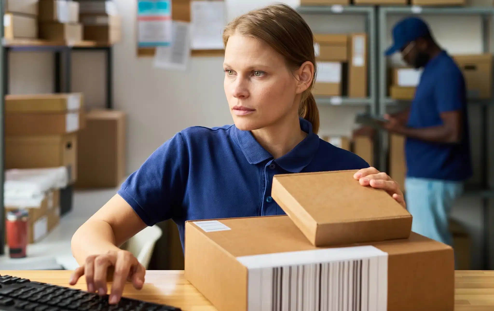 Une employée traite des colis dans un entrepôt de distribution, illustrant les défis logistiques des chaînes d'approvisionnement modernes.